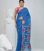 Blue handspun cotton saree with floral woven design