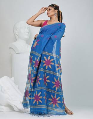 Blue handspun cotton saree with floral woven design 2