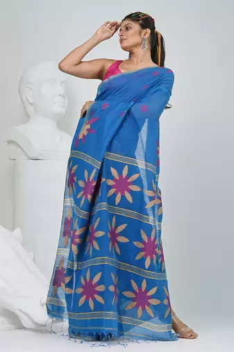 Blue handspun cotton saree with floral woven design