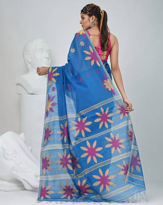 Blue handspun cotton saree with floral woven design 3