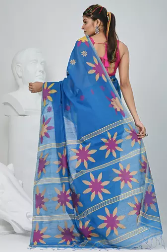 Blue handspun cotton saree with floral woven design