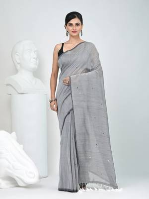 Elegant grey cotton saree with sequin embellishments and pom pom 1