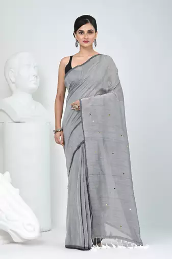 Elegant grey cotton saree with sequin embellishments and pom pom