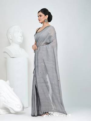 Elegant grey cotton saree with sequin embellishments and pom pom 2