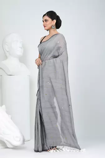 Elegant grey cotton saree with sequin embellishments and pom pom