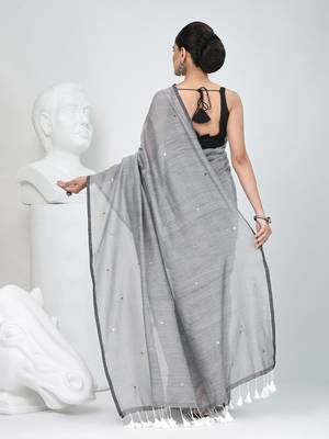 Elegant grey cotton saree with sequin embellishments and pom pom 3