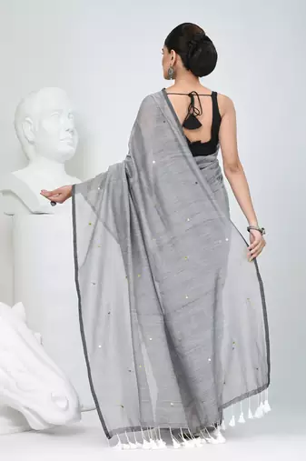 Elegant grey cotton saree with sequin embellishments and pom pom