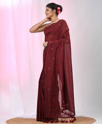 Elegant maroon cotton saree with sequin embellishments and pom pom 2