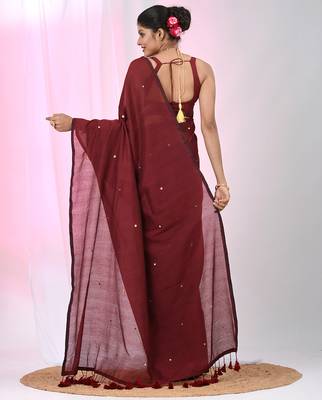 Elegant maroon cotton saree with sequin embellishments and pom pom 3
