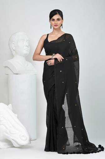 Elegant black cotton saree with sequin embellishments and pom pom