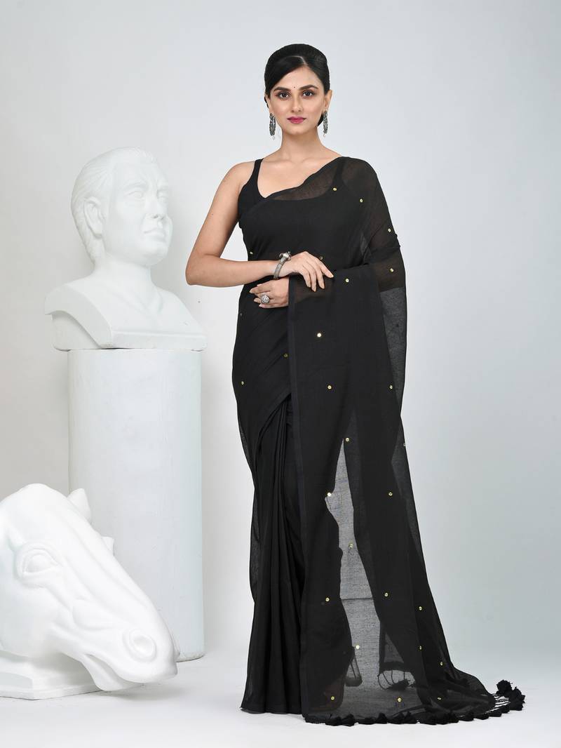 Elegant black cotton saree with sequin embellishments and pom pom