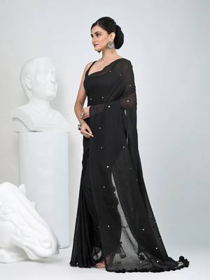 Elegant black cotton saree with sequin embellishments and pom pom 2