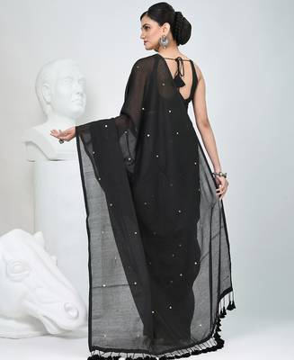 Elegant black cotton saree with sequin embellishments and pom pom 3