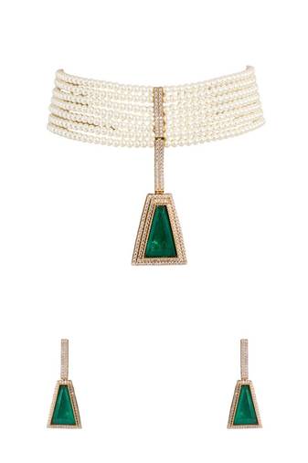 Gold plated green stone pearl choker set