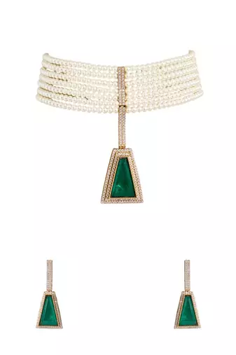 Gold plated green stone pearl choker set