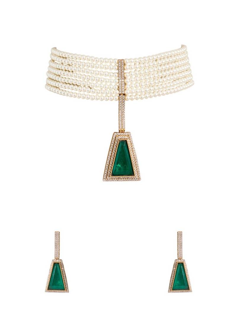 Gold plated green stone pearl choker set
