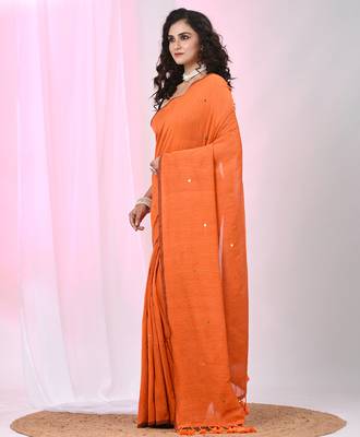 Elegant orange cotton saree with sequin embellishments and pom pom 2