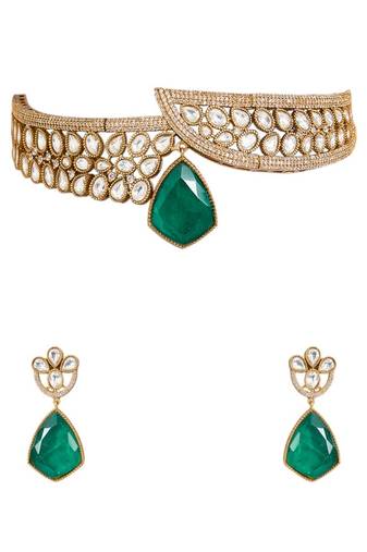 Gold plated green stone choker necklace set