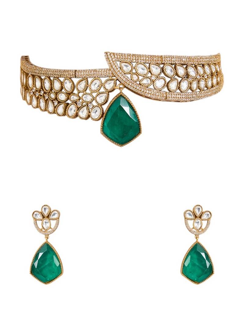 Gold plated green stone choker necklace set