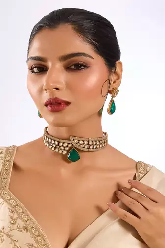 Gold plated green stone choker necklace set