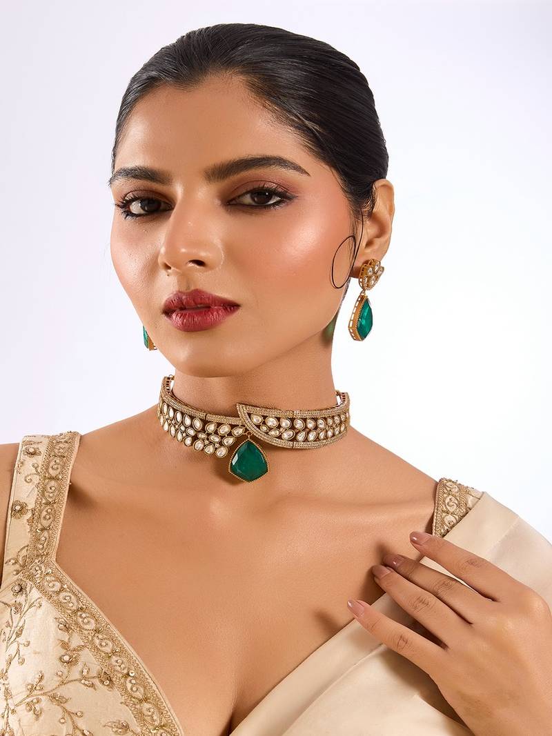 Gold plated green stone choker necklace set