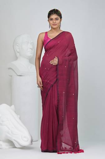 Elegant magenta cotton saree with sequin embellishments and pom pom