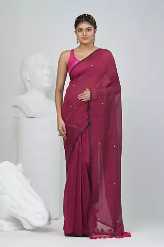 Elegant magenta cotton saree with sequin embellishments and pom pom
