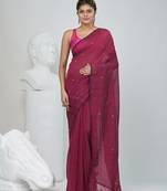 Elegant magenta cotton saree with sequin embellishments and pom pom
