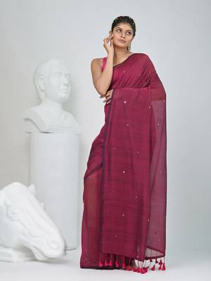 Elegant magenta cotton saree with sequin embellishments and pom pom 2