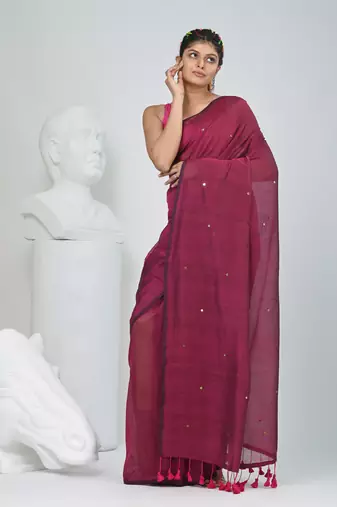 Elegant magenta cotton saree with sequin embellishments and pom pom