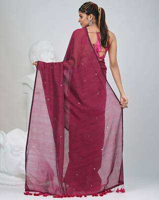 Elegant magenta cotton saree with sequin embellishments and pom pom 3