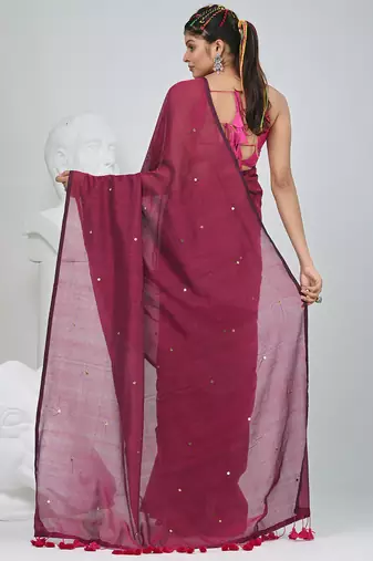 Elegant magenta cotton saree with sequin embellishments and pom pom