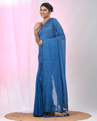 Elegant sapphire blue cotton saree with sequin embellishments and pom pom 2