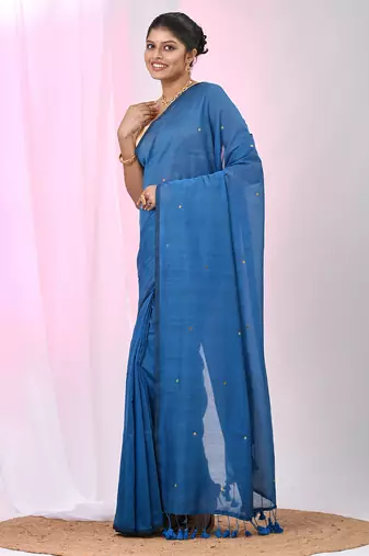 Elegant sapphire blue cotton saree with sequin embellishments and pom pom