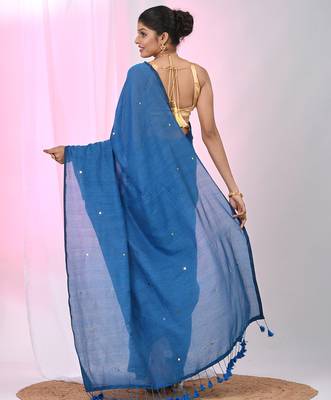 Elegant sapphire blue cotton saree with sequin embellishments and pom pom 3