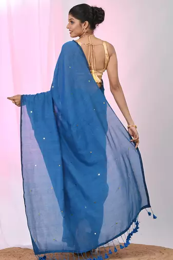 Elegant sapphire blue cotton saree with sequin embellishments and pom pom