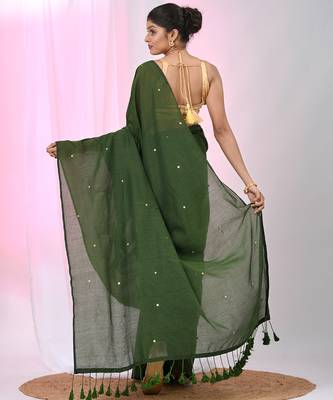 Elegant green cotton saree with sequin embellishments and pom pom 3