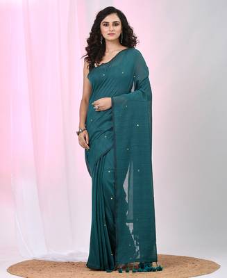 Elegant teal cotton saree with sequin embellishments and pom pom 1