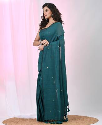 Elegant teal cotton saree with sequin embellishments and pom pom 2