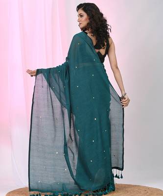 Elegant teal cotton saree with sequin embellishments and pom pom 3