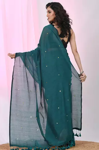 Elegant teal cotton saree with sequin embellishments and pom pom