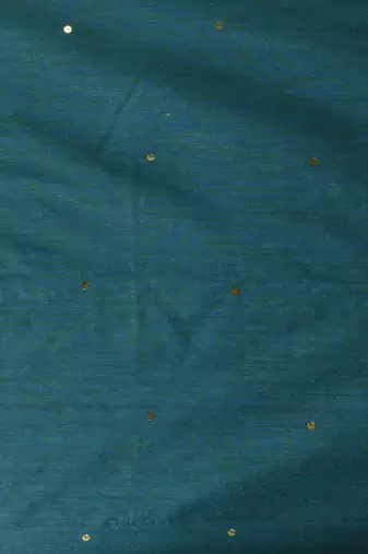 Elegant teal cotton saree with sequin embellishments and pom pom