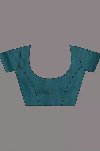 Elegant teal cotton saree with sequin embellishments and pom pom
