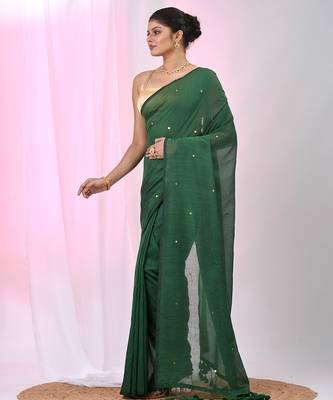 Elegant green cotton saree with sequin embellishments and pom pom 2
