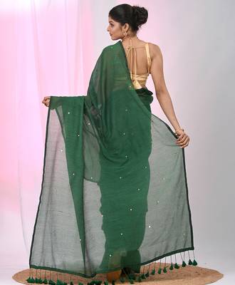Elegant green cotton saree with sequin embellishments and pom pom 3