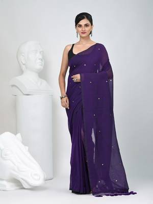 Elegant purple cotton saree with sequin embellishments and pom pom 1
