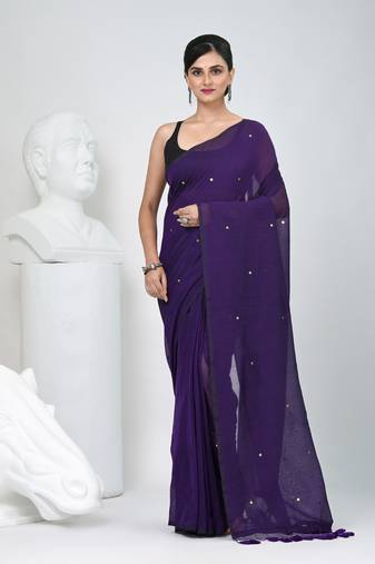 Elegant purple cotton saree with sequin embellishments and pom pom