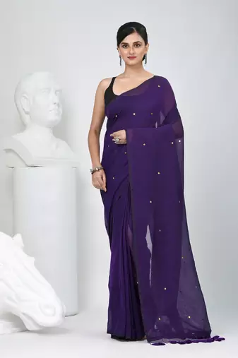Elegant purple cotton saree with sequin embellishments and pom pom