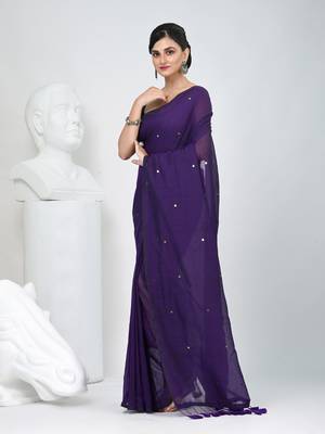 Elegant purple cotton saree with sequin embellishments and pom pom 2