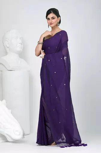 Elegant purple cotton saree with sequin embellishments and pom pom